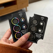 Camera lens ring kit for Samsung Galaxy (2-pack) on black packaging cards with metal rings and iridescent finish.