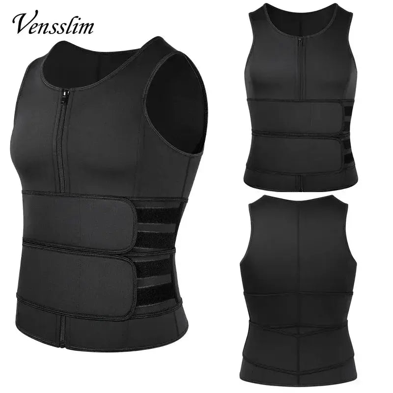 Vensslim men's body shaper waist trainer vest in black with zip front and Velcro straps