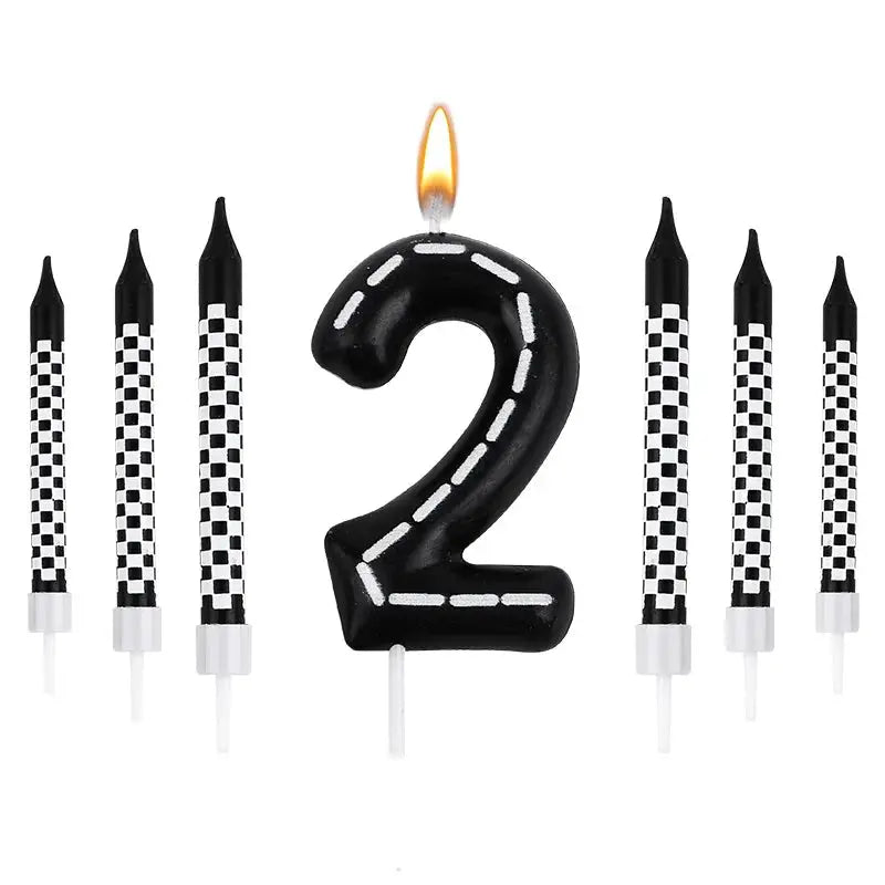 7 Piece Set Racing Car Themed Birthday Number Candles Black White Checkered Cake Topper For Kids Birthday Party