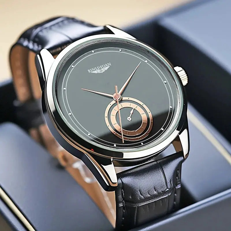 Mens Black Leather Quartz Analog Watch With Numberless Dial For Business Casual Everyday Use