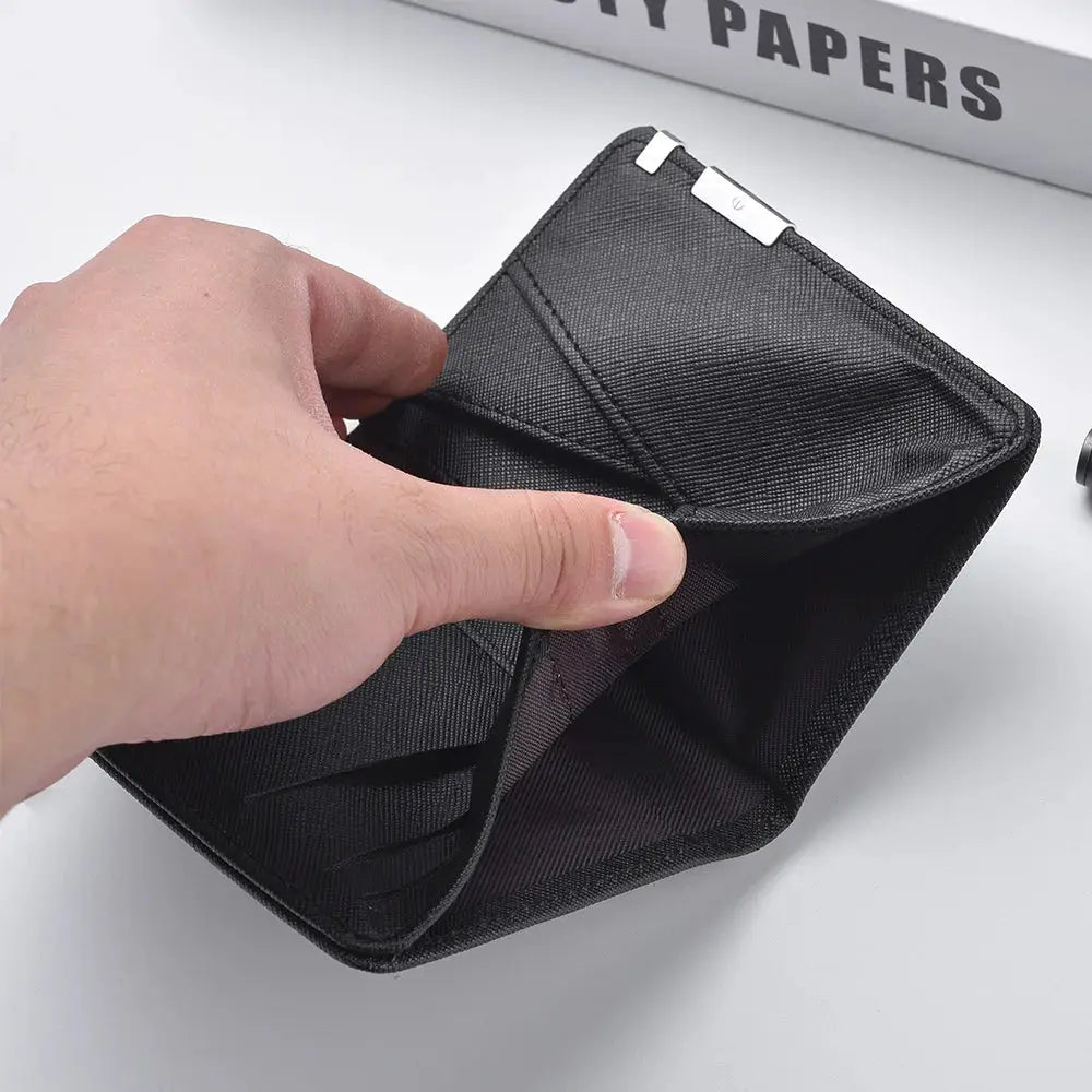 Slim black faux leather wallet with multiple card slots and driver's license holder, Simples Market