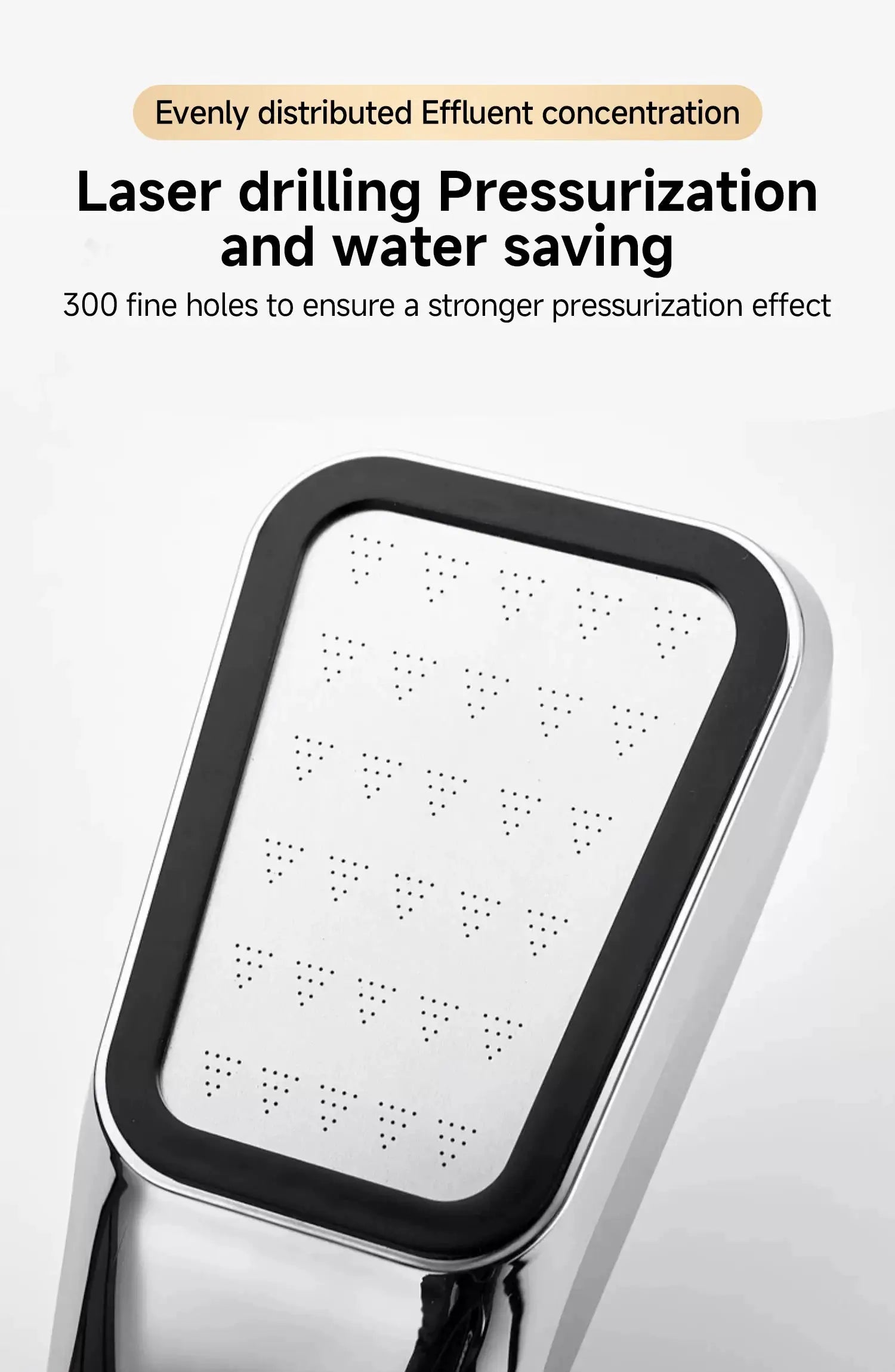 Square handheld shower head with 300 holes, water-saving rainfall spray, white face with black rim