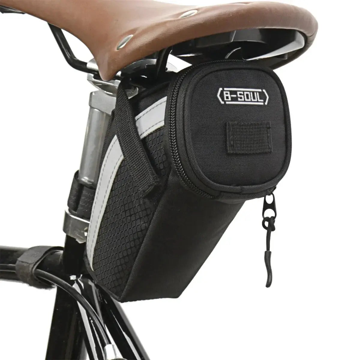 B SOUL cycling saddle bag attached to a bicycle for organized storage on rides.