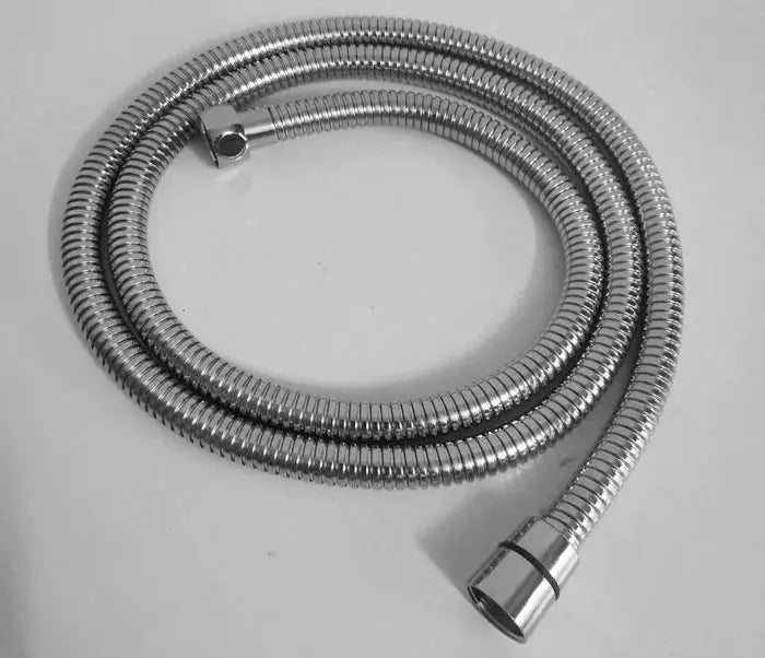 Chrome bidet shower hose with handheld spray head and flexible metal coil.