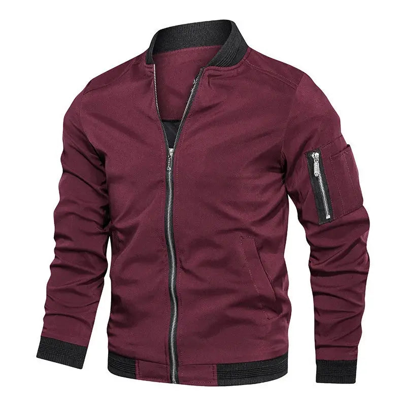 Simples Market men's burgundy windbreaker with zip front, ribbed cuffs/hem, and zip sleeve pocket