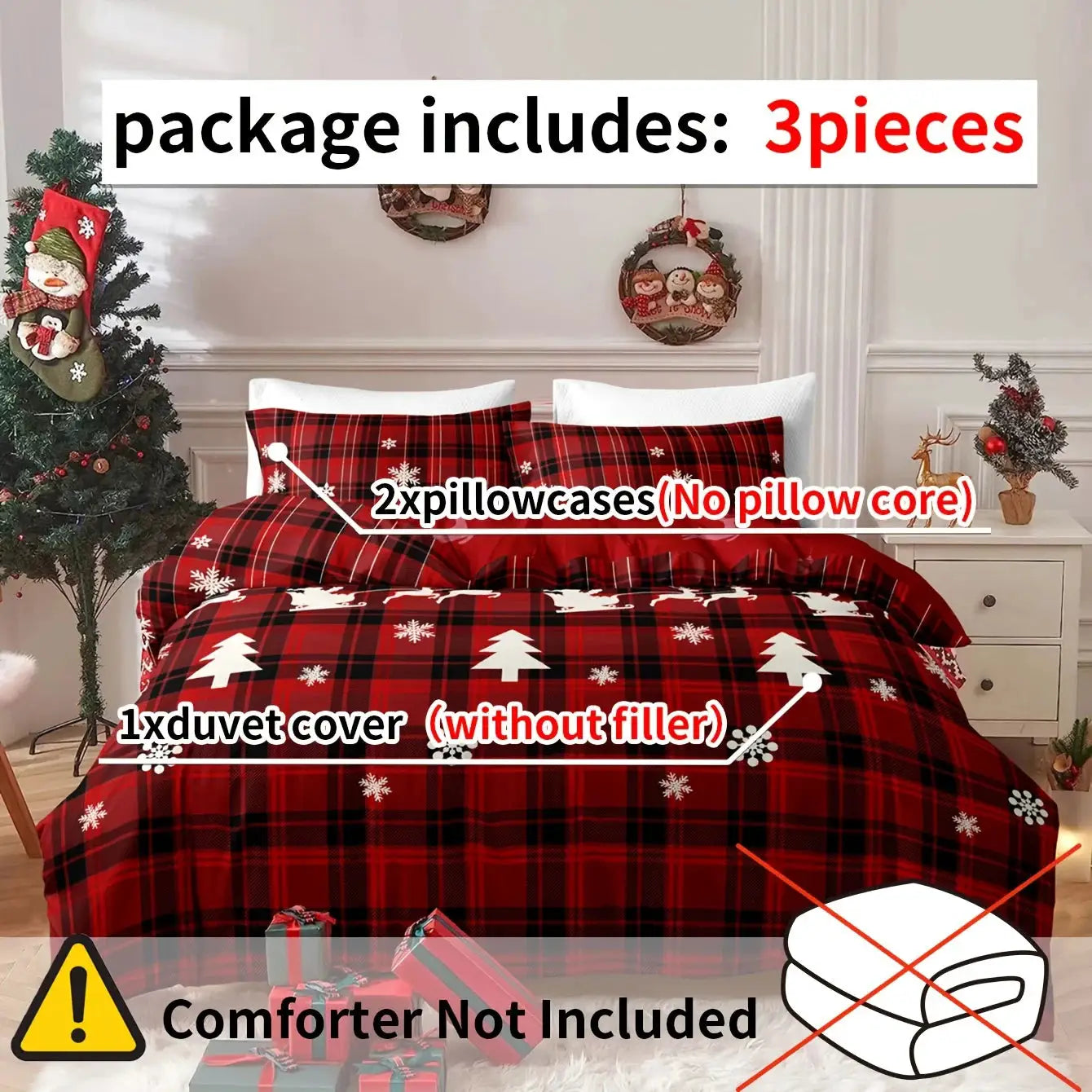 3-piece Christmas duvet cover set in soft red plaid with white trees and snowflakes; includes 1 duvet cover and 2 pillowcases