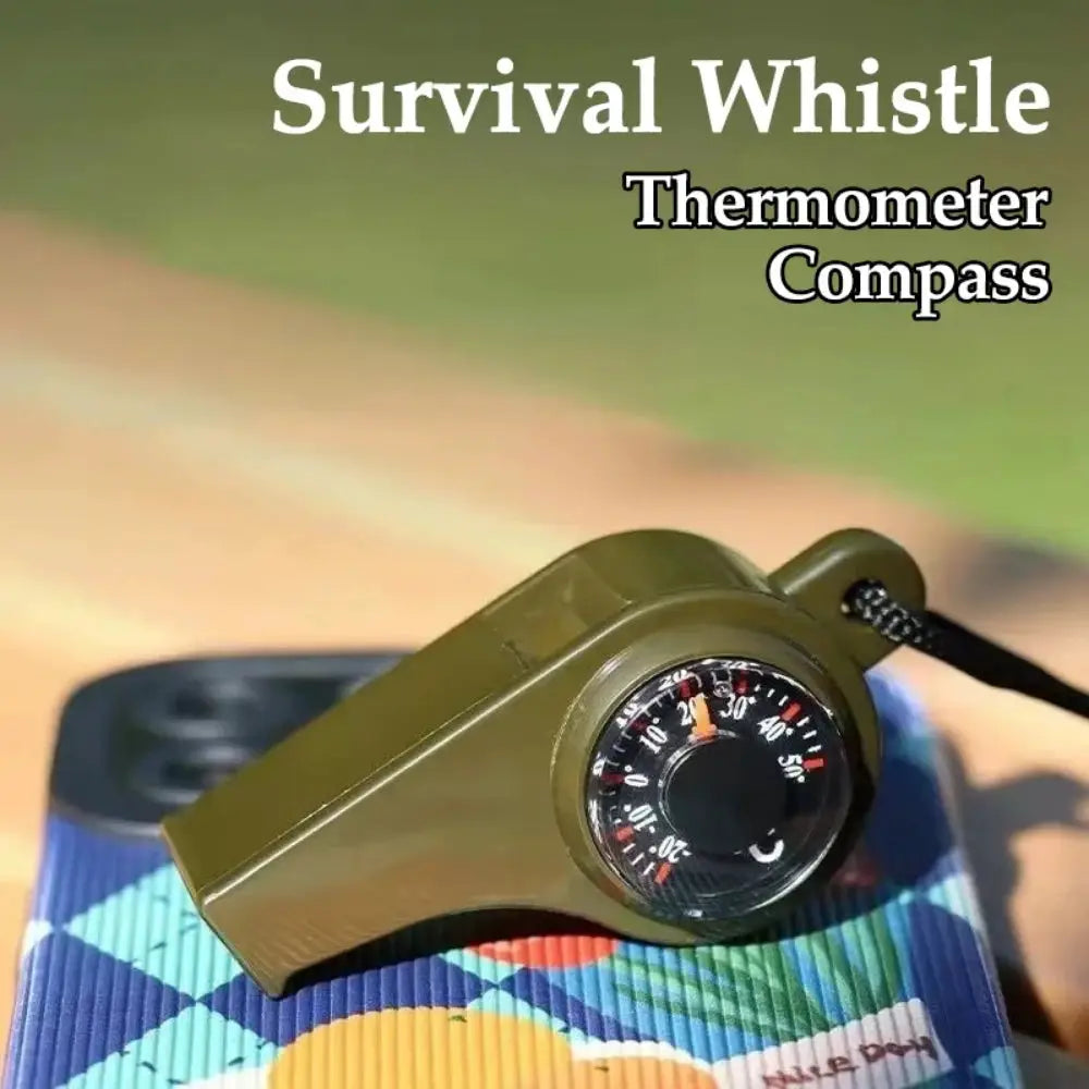 3-in-1 outdoor emergency whistle by Simples Market, olive green with compass and thermometer