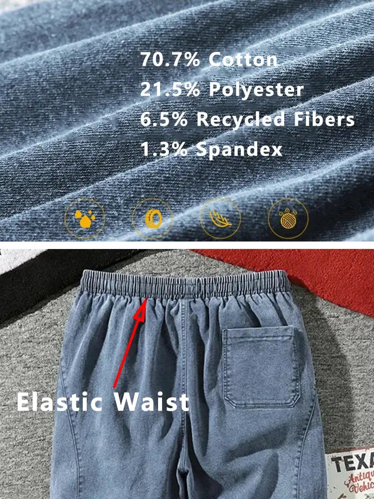 Men's cargo denim jogger jeans in blue with elastic waist and back pocket