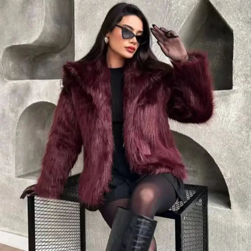 HXAO Womens Plush Burgundy Bomber Jacket Fur Coat For Warm Winter Comfort And Style