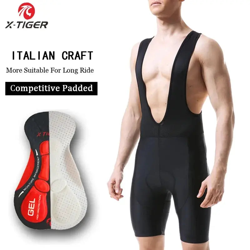 X-TIGER men's cycling bib shorts in black Lycra with 5D Coolmax gel pad