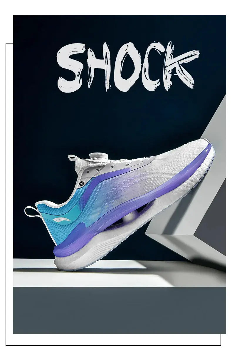 Simples Market men's running sneakers with white breathable mesh, teal-to-purple gradient, purple sole.