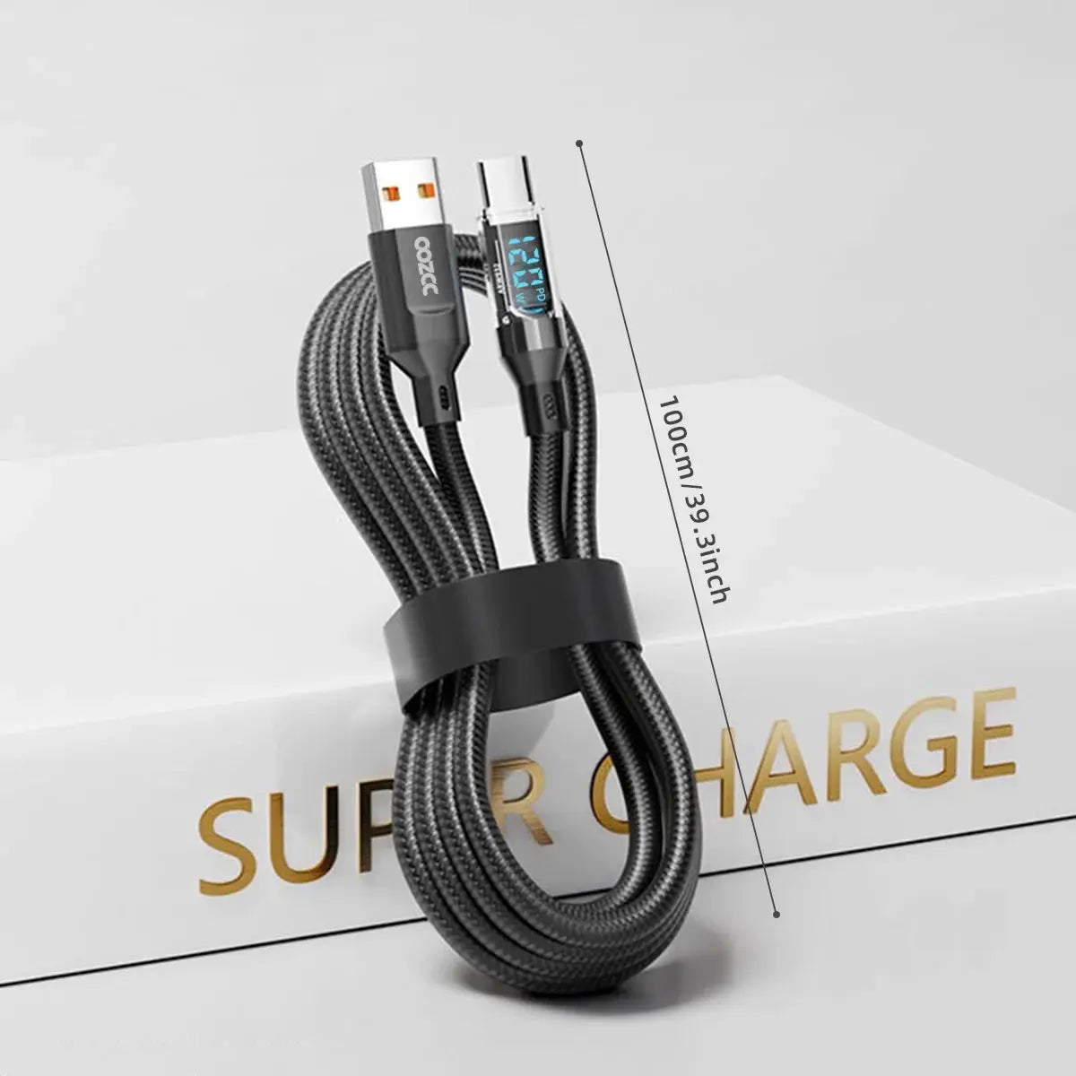 OOZCC LCD watt-display USB A to Lightning charging cable, 120W max, braided black, Simples Market