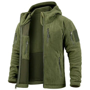 Men's green tactical hunting fleece jacket with full zip and hood