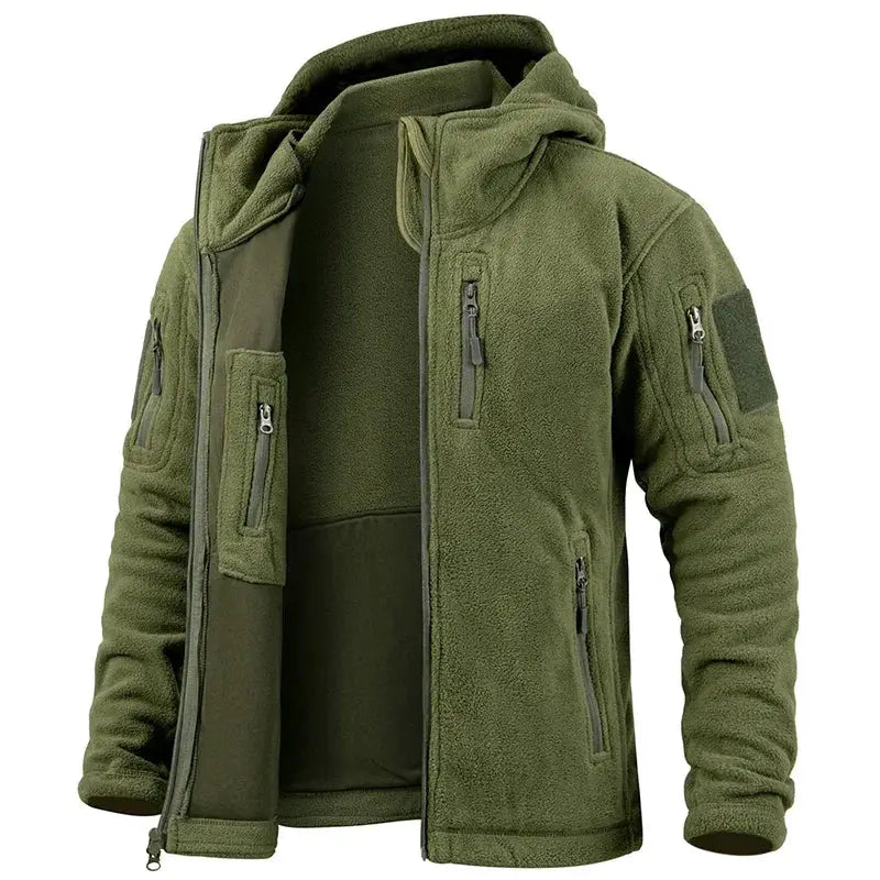 Men's green tactical hunting fleece jacket with full zip and hood