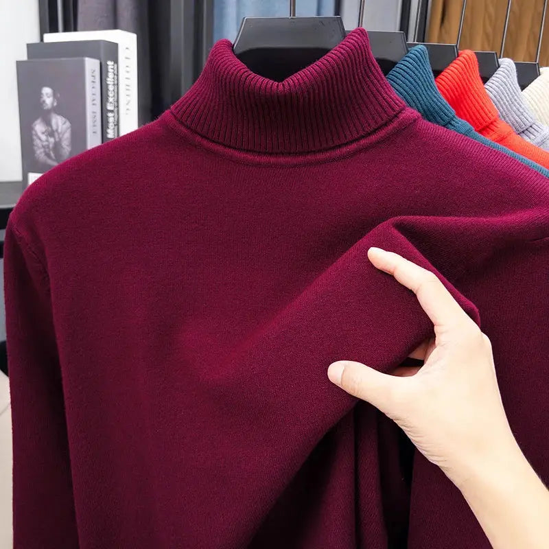 Men's burgundy knitted turtleneck sweater; slim fit, anti-pilling, long sleeve, Simples Market, six colors on display.