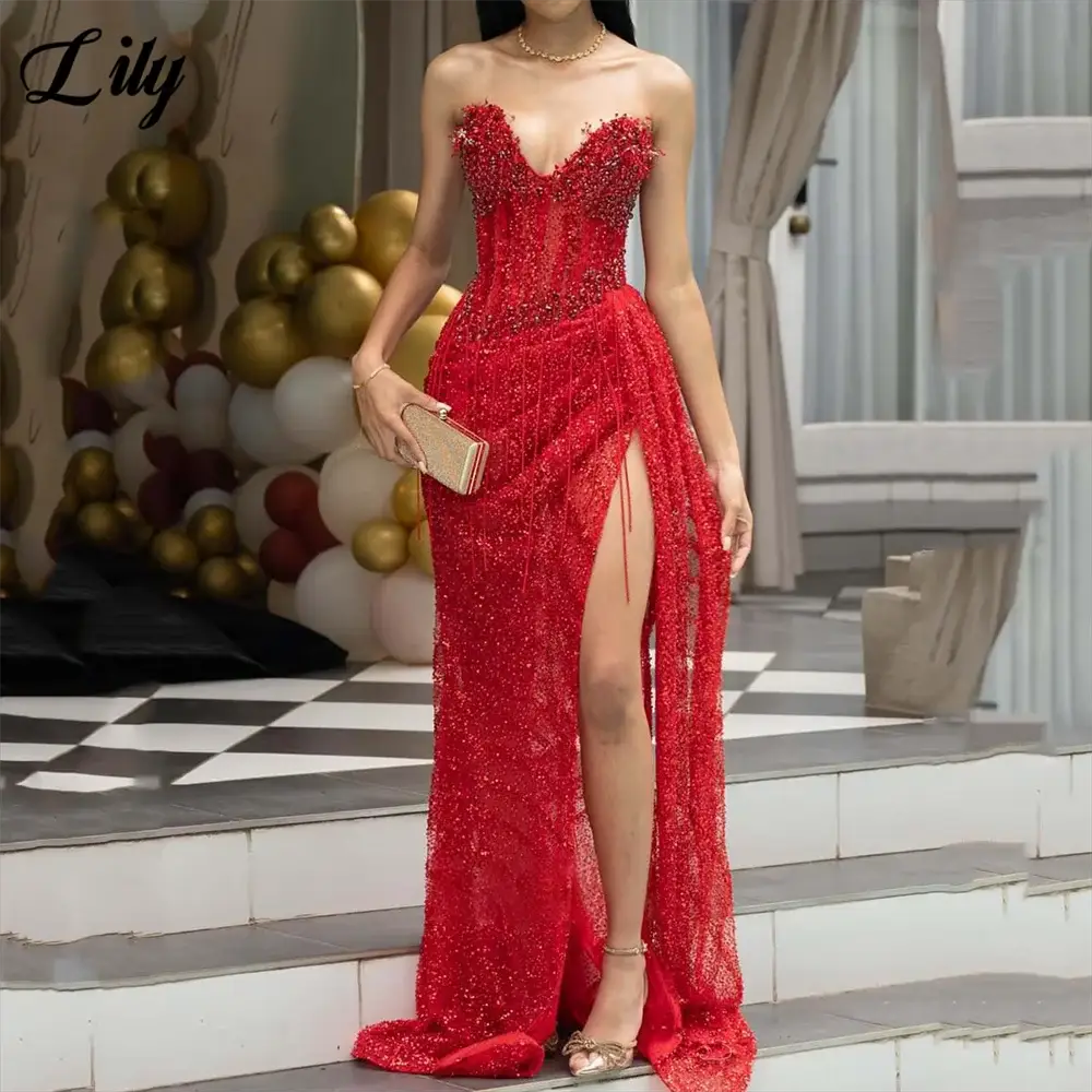 Lily Red Sequined Deep V Neck Evening Gown With Beaded Fringe