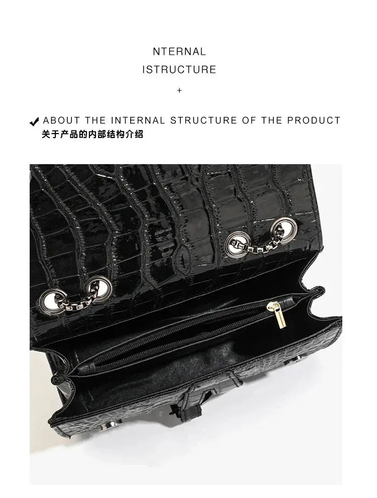 Crossbody handbag by Simples Market: black crocodile-embossed leather with chain strap and inner zipper pocket