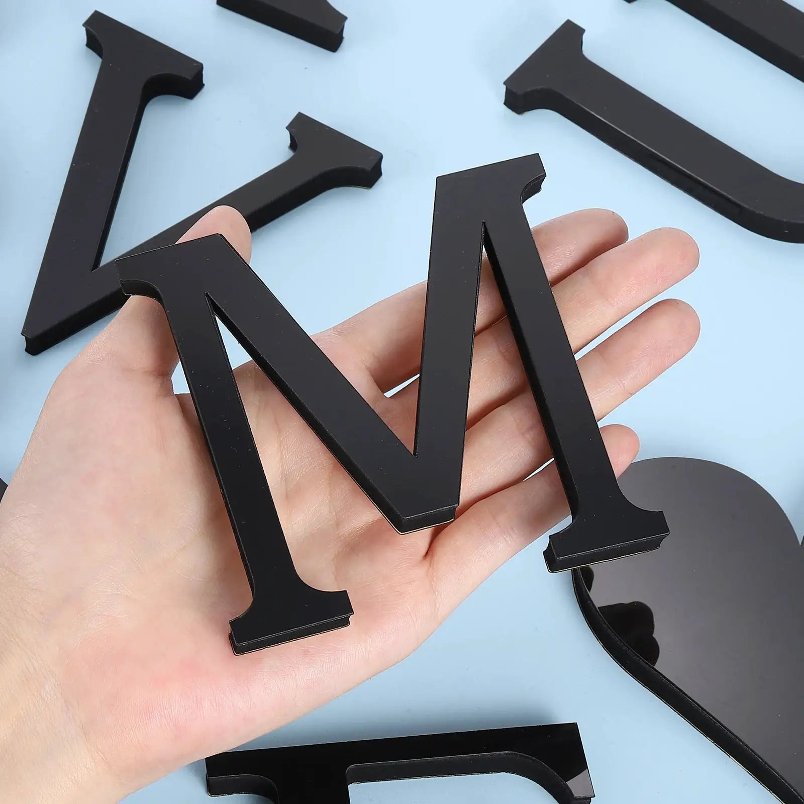 Black 3D mirror acrylic letter set, 10 cm tall, self-adhesive wall art for home decor