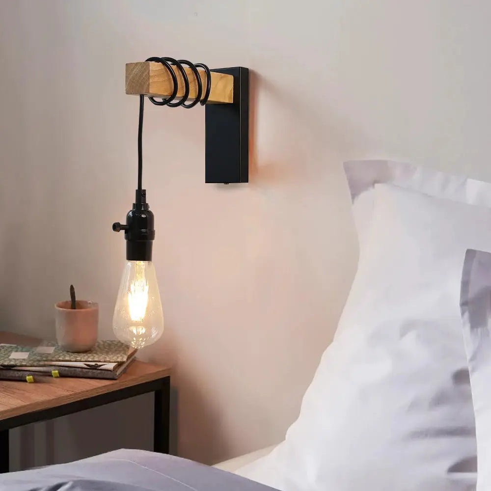 Wood and iron wall lamp with switch; vintage E27 hanging bulb wall sconce for bedroom