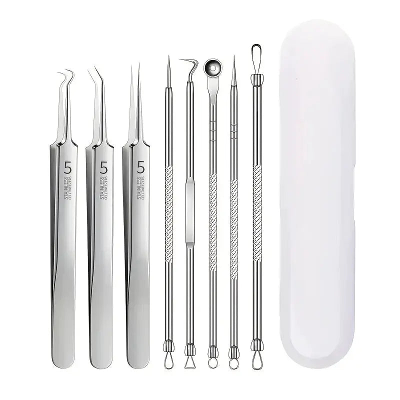 8 Piece Blackhead Remover Kit Stainless Steel Blemish Extraction Tools Professional Pimple Popper Set For All Skin