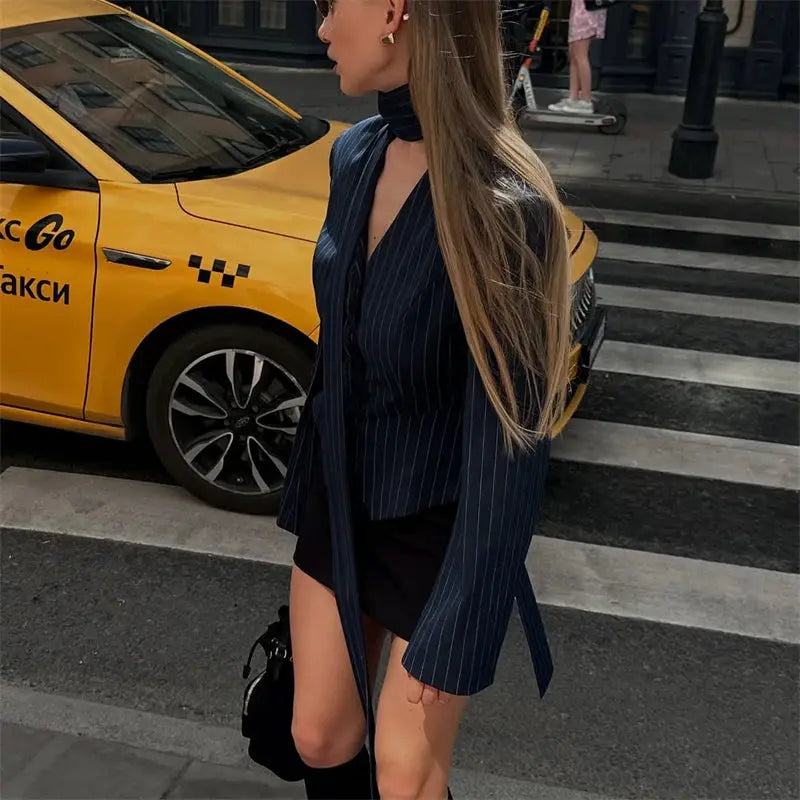 Tuularose 3 Piece Dress Set V Neck Striped Ribbon Blazer Slim Dress