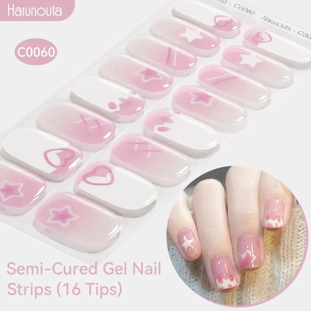 Harunouta Gradient Auroras semi-cured gel nail strips with pink gradient and white stars, 16 tips for UV/LED nails