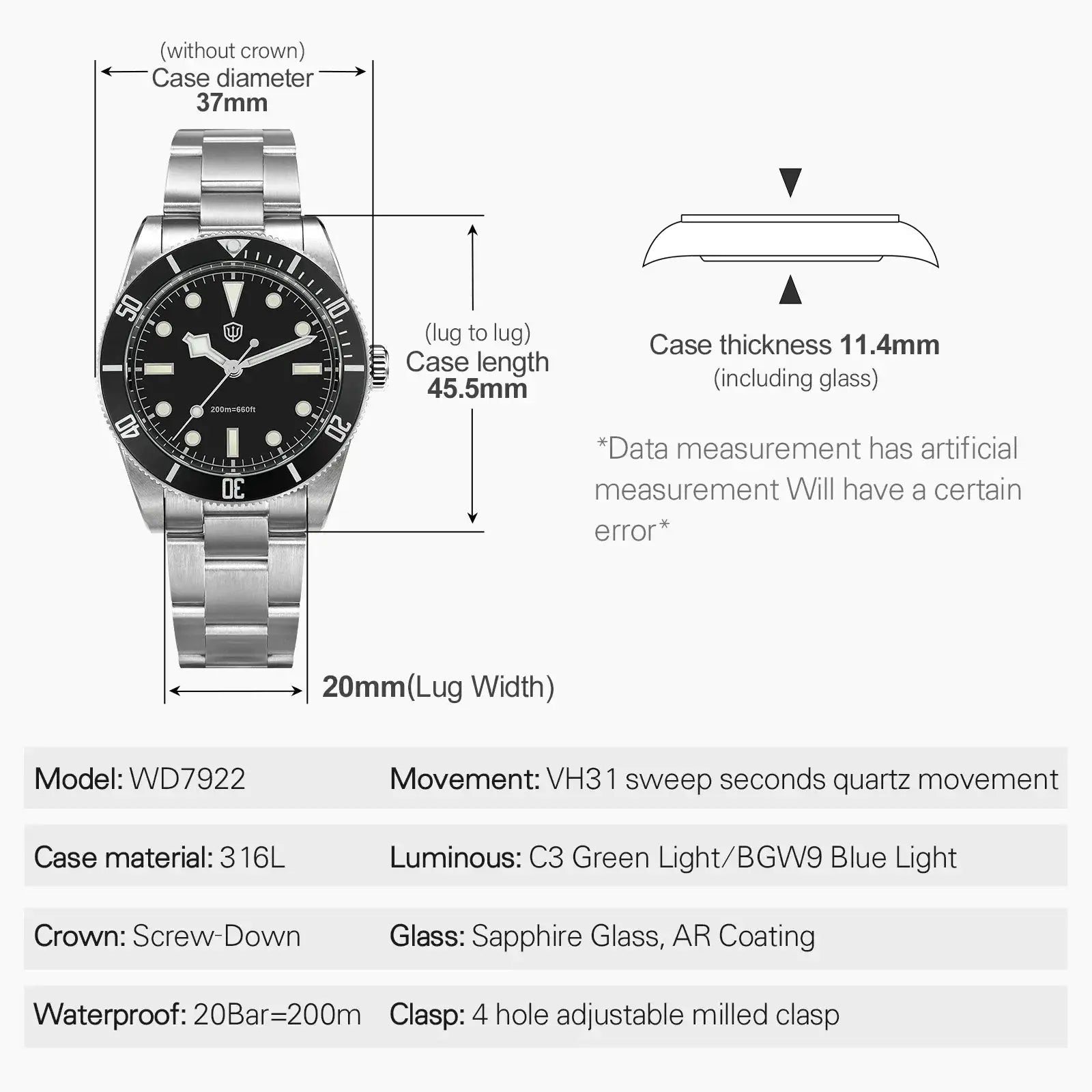 Watchdives WD7922 BB54 wristwatch by Simples Market, 37mm stainless case, sapphire crystal, luminous dial, 20bar.