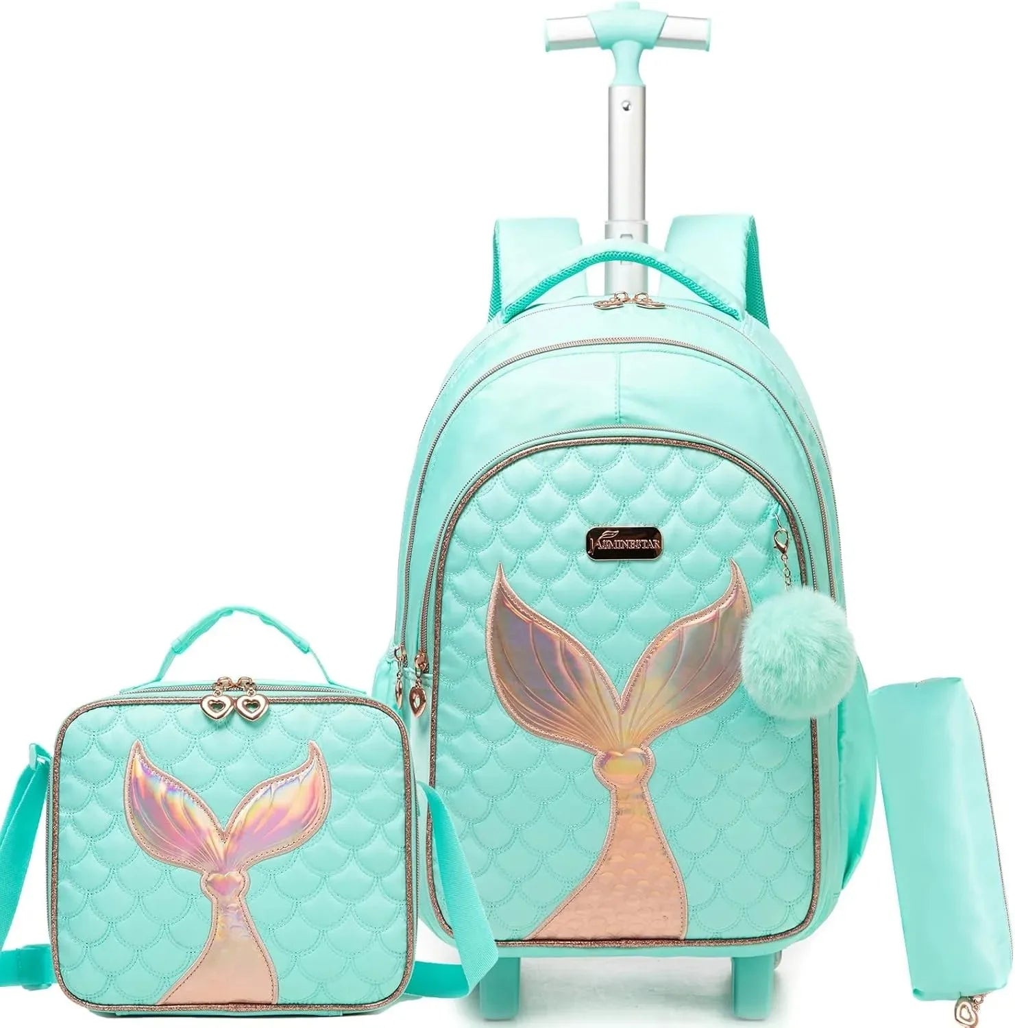 Kids' wheeled backpack set in turquoise with mermaid-tail design, includes lunch box and mini bag