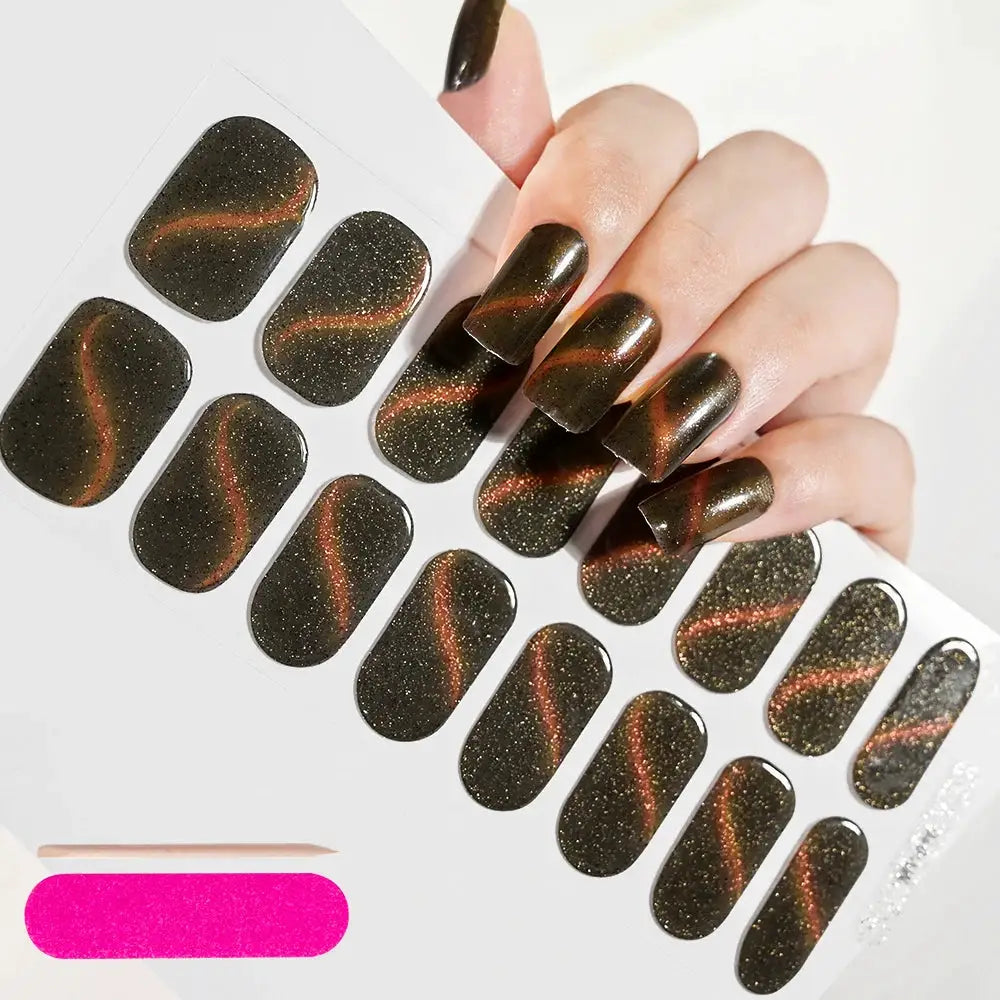 Simples Market semi-cured nail wrap sheet; dark brown gel decals with copper stripe and gold glitter