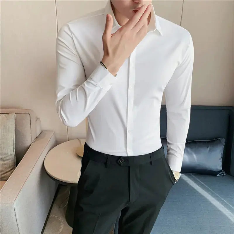 Plus-size white men's long-sleeve dress shirt with black dress pants, two-piece outfit