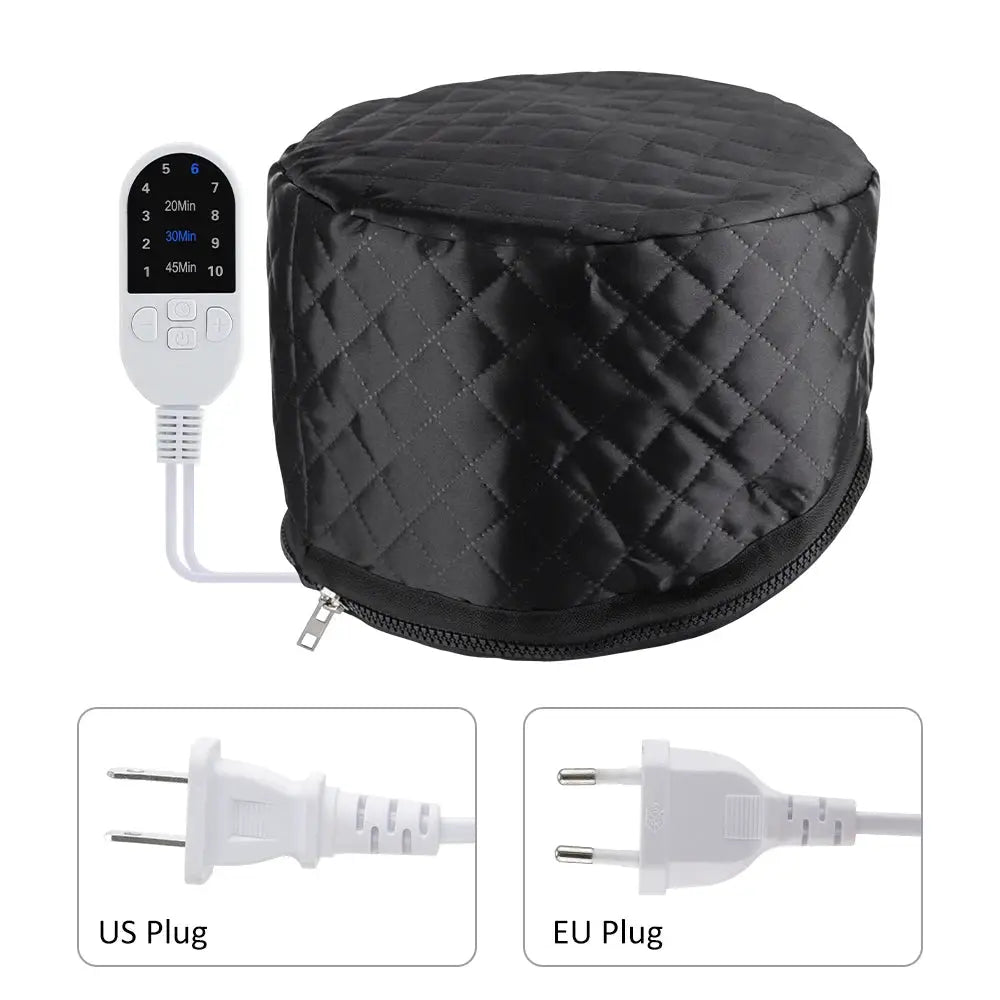 Simples Market 10-level electric hair heating cap, black quilted waterproof steamer cap with remote and US/EU plugs.