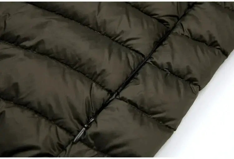 Men's olive green quilted down jacket with front zipper by Simples Market