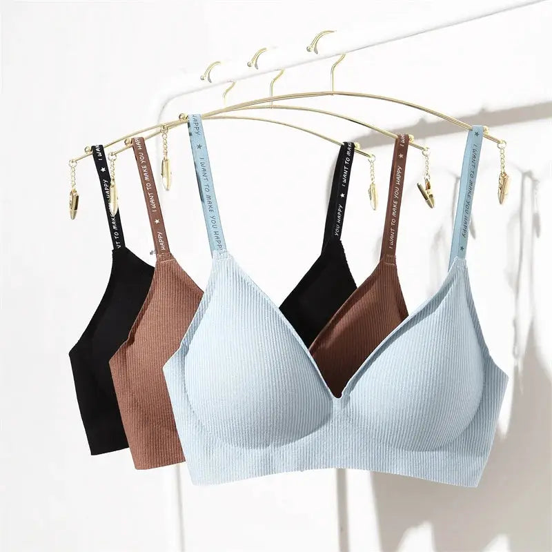 FINETOO women's wireless padded bralette in ribbed knit; 5-piece color set on hangers (black, brown, light blue)