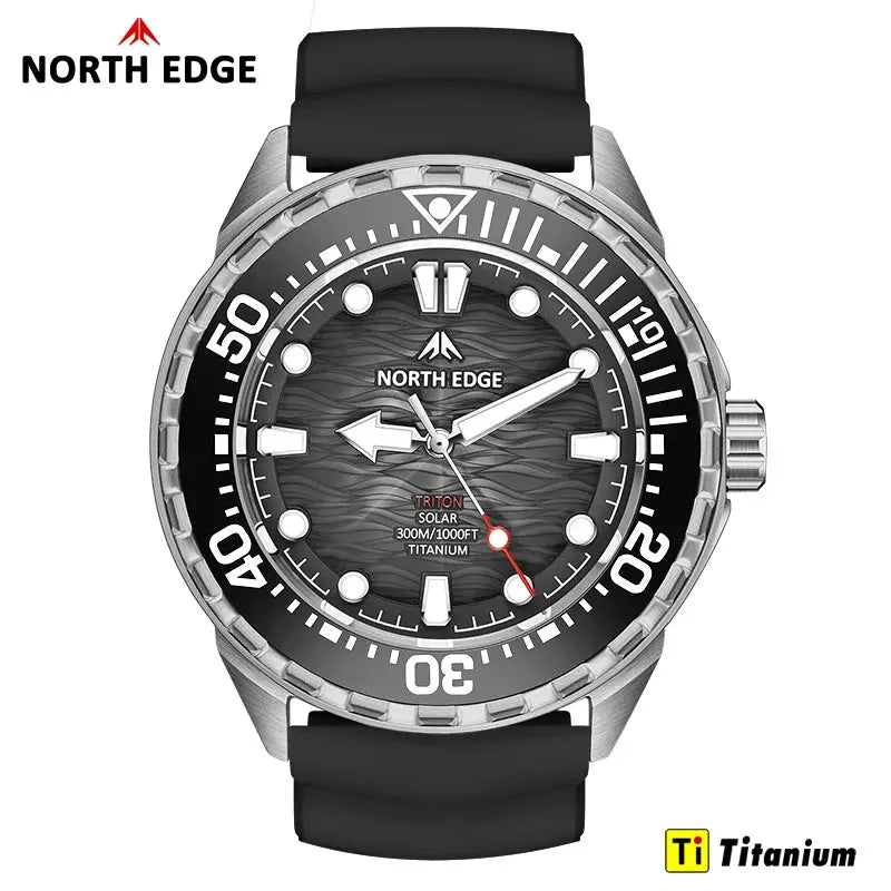 North Edge Triton-TI diving watch for men; titanium-stainless case, black dial, black rubber strap, 300m water resistant