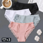 3-pc women's cotton panties set with low-rise patchwork lace briefs in pink, white, and blue.