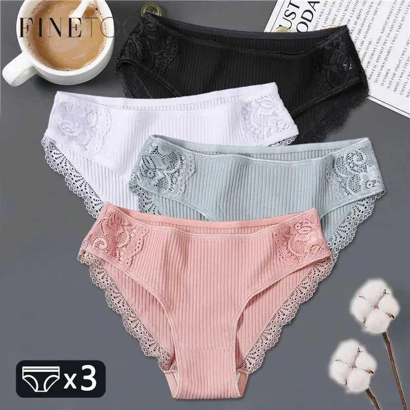 3-pc women's cotton panties set with low-rise patchwork lace briefs in pink, white, and blue.