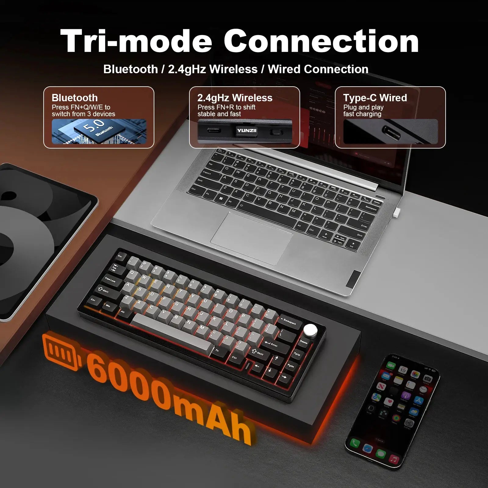 YUNZII AL68 silver aluminum wireless mechanical keyboard with knob; two keyboards shown on a desk