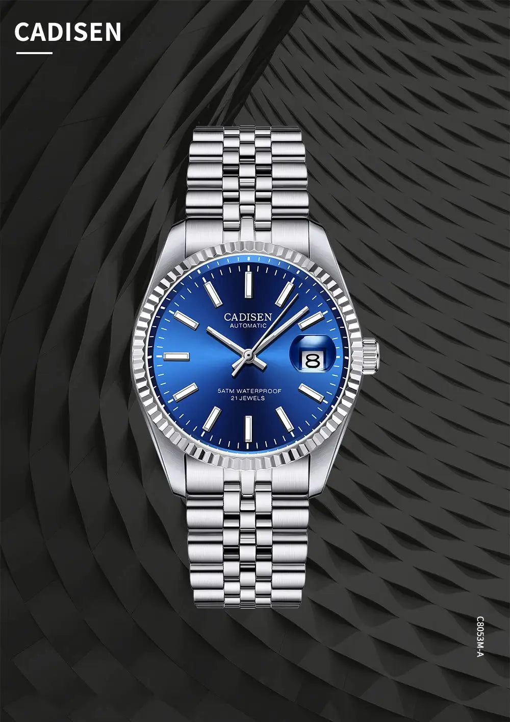 CADISEN men's stainless steel automatic watch with blue dial