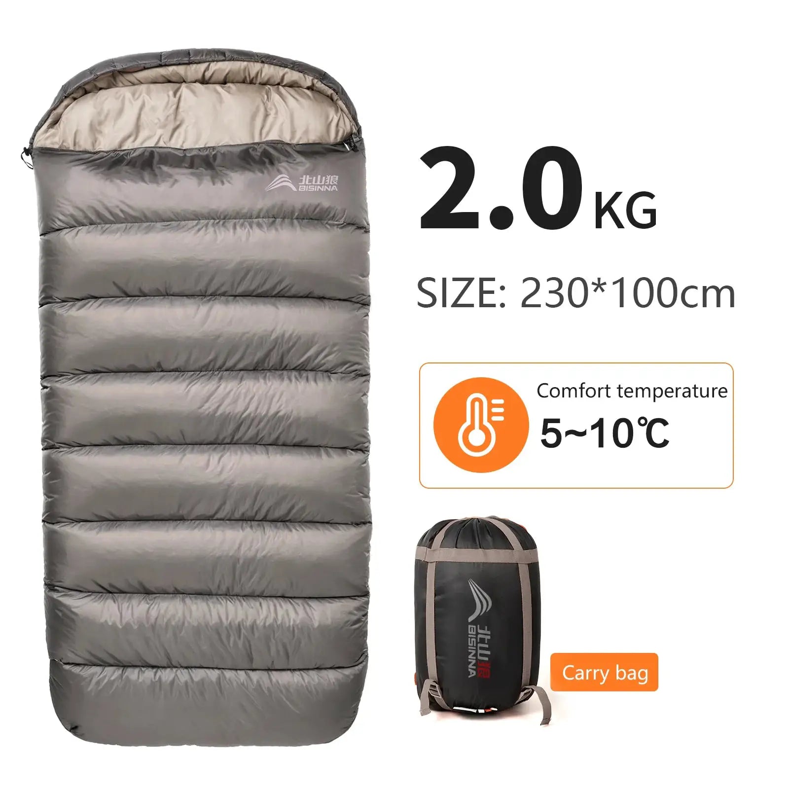 BISINNA large camping sleeping bag, gray padded, 230×100 cm, 2.0 kg with carry bag