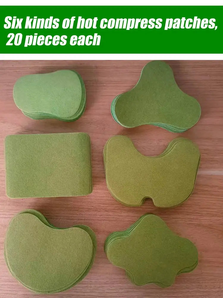 Heat patch set, 120 green patches in six shapes for neck, back, shoulders, wrists, knees and feet