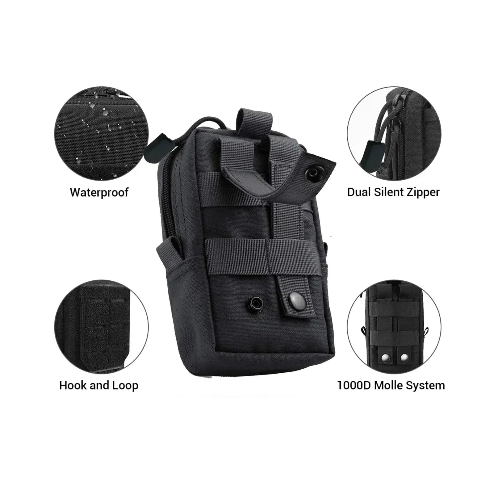Black tactical MOLLE waist pouch with waterproof fabric and dual silent zipper, 1000D MOLLE system.