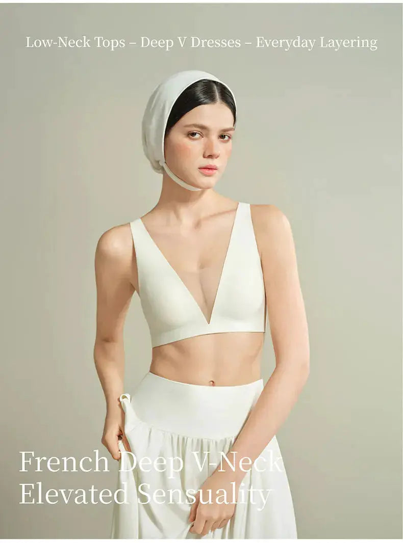 SUJIIN seamless plunge push-up bra in white, wireless deep-V mesh design by Simples Market