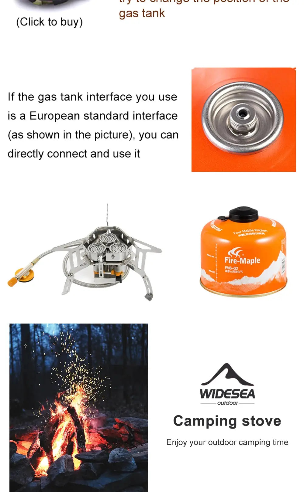 Widesea camping stove with three burners and orange Fire-Maple gas canister beside a campfire
