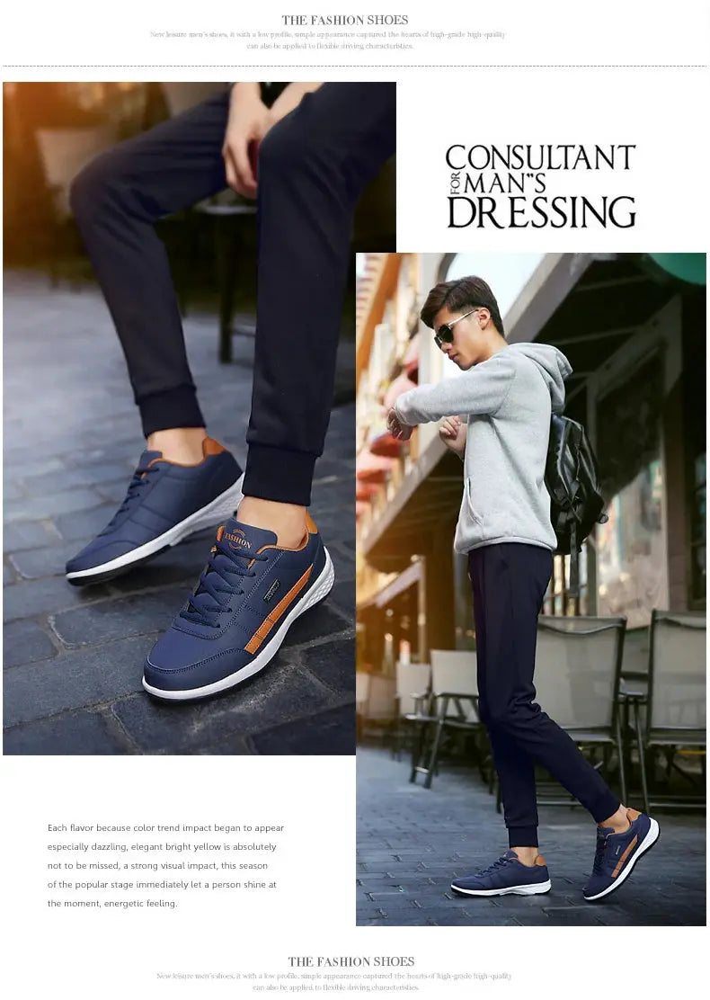 Leather men's sneakers in navy with brown accents; breathable casual vulcanized footwear