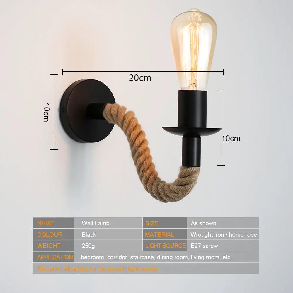 Retro hemp rope wall lamp with black iron mount and E27 Edison bulb by Simples Market.