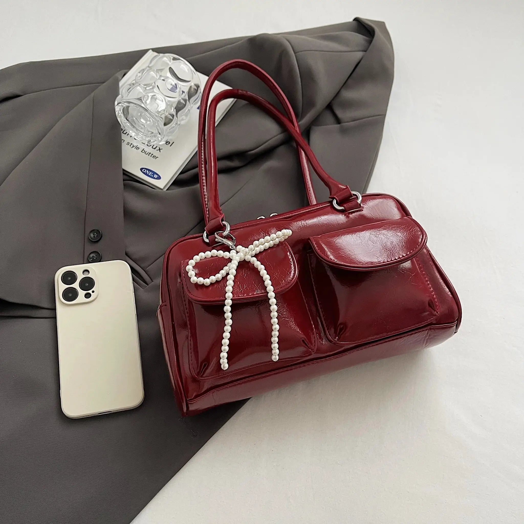 Korean Edition Underarm Bow Pillow Bag For Women PU Leather Shoulder Bag With Comfortable Pillow Shaped Design