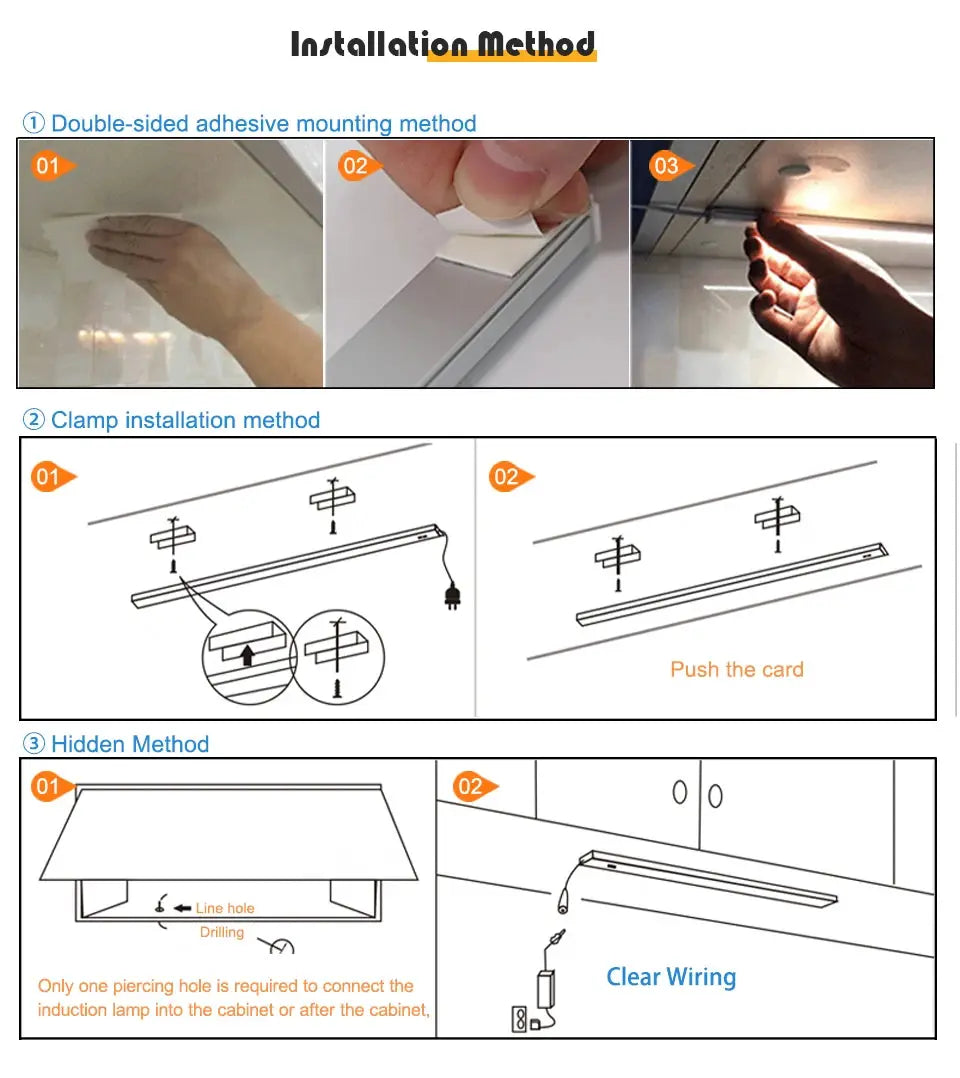 LED under-cabinet light by Simples Market installation method diagrams: adhesive, clamp, hidden