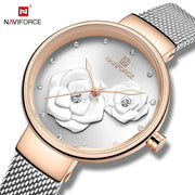 Naviforce women's watch with rose-gold case and silver mesh band, floral dial with crystal markers