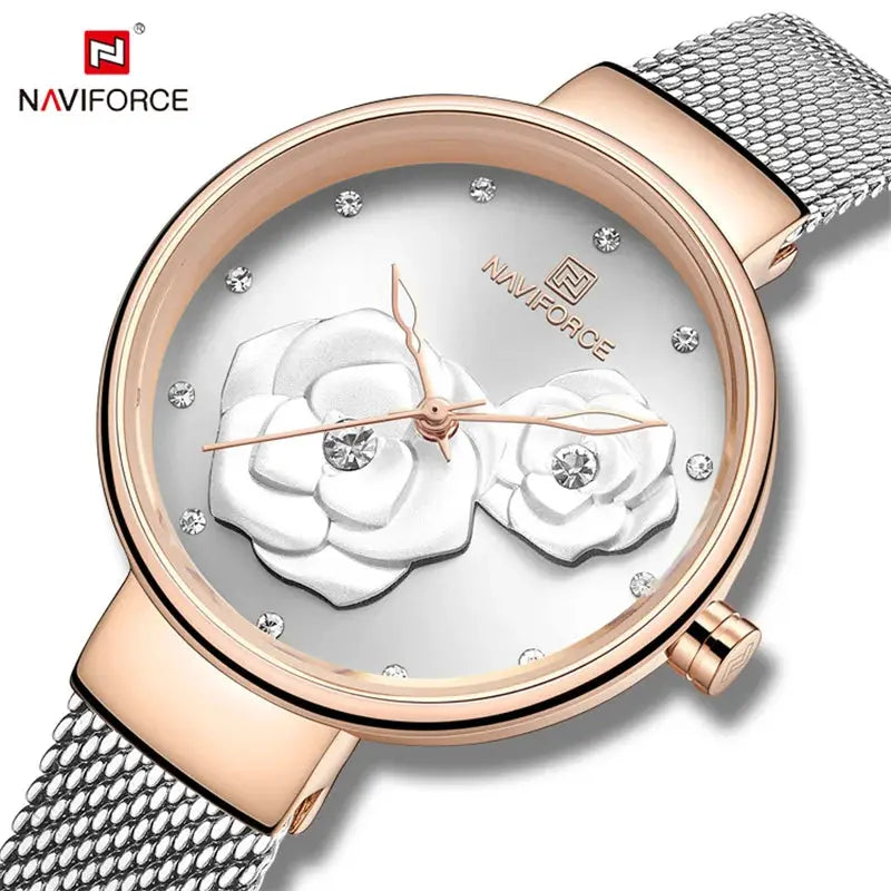 Naviforce women's watch with rose-gold case and silver mesh band, floral dial with crystal markers