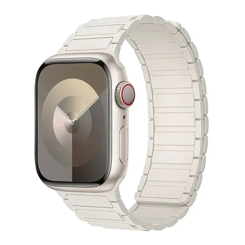 Magnetic loop silicone Apple Watch band by Simples Market in white, compatible with 38–49mm Apple Watch sizes